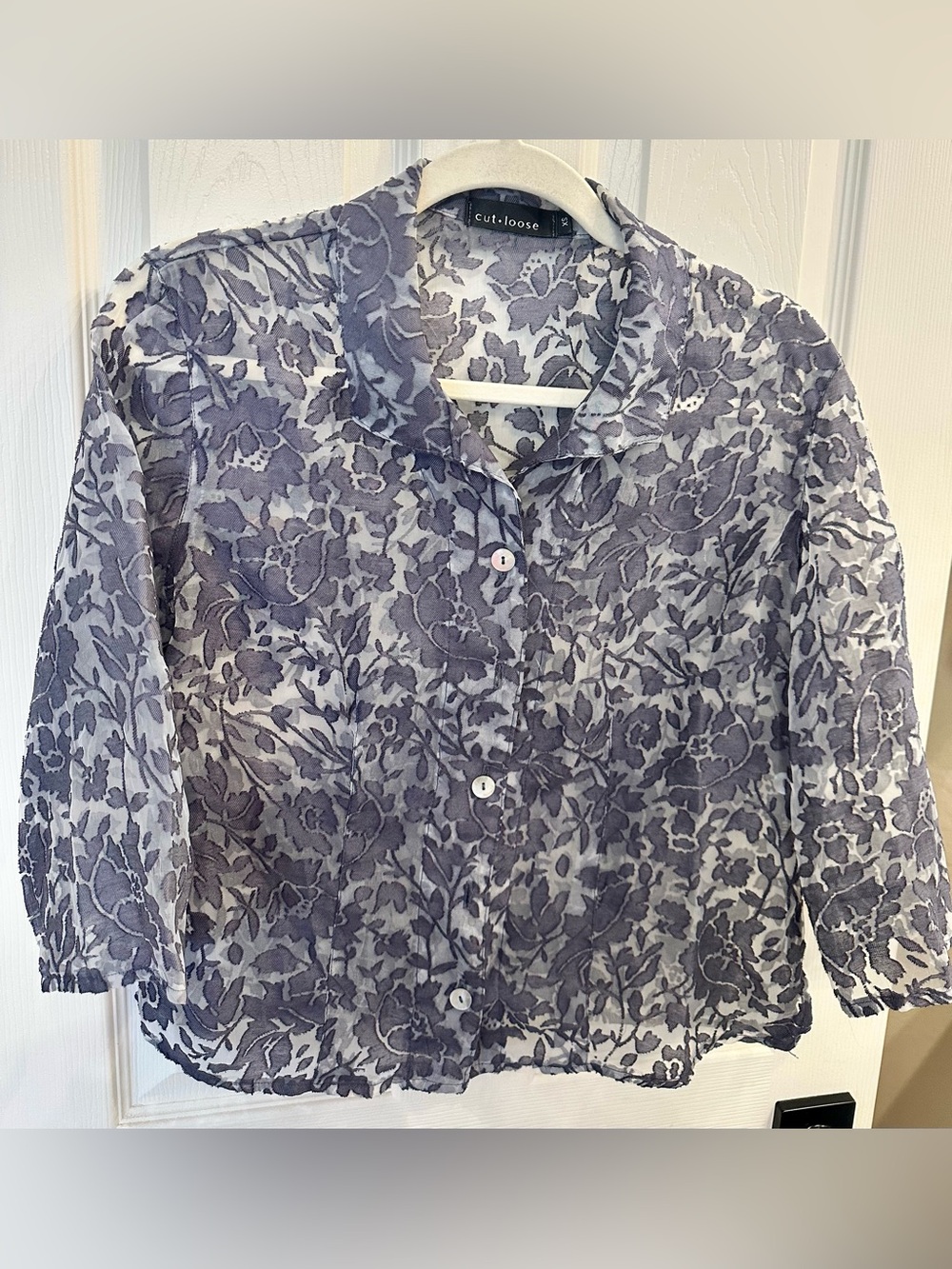cut loose Sheer Floral Button-Up Blouse in Denim Blue Size XS Oversized.